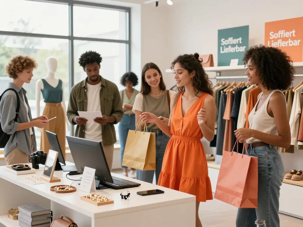 Gruppe von Freunden, die Mode einkaufen und 'Sofort Lieferbar' Produkte in einem hellen Showroom präsentieren.