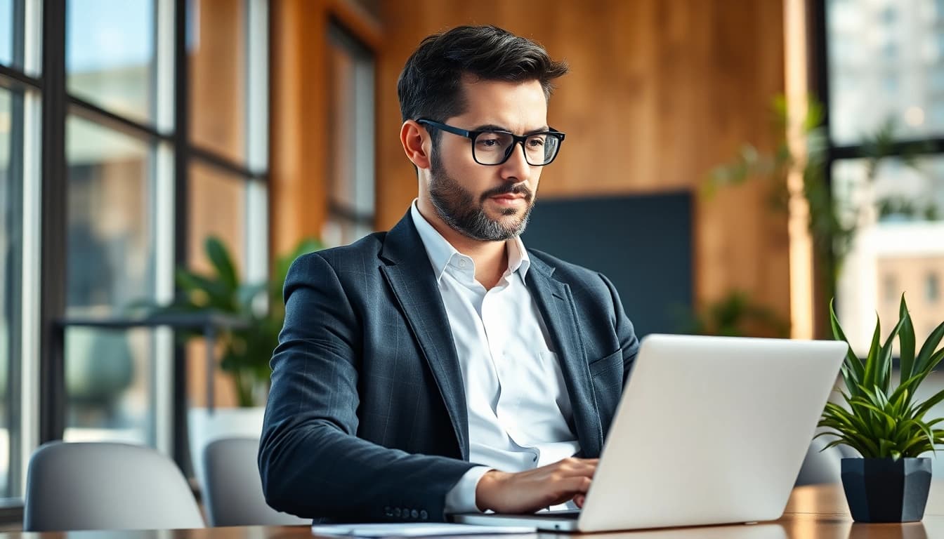 Headhunter Finance in einem modernen Büro, das mit einem Laptop und einem potenziellen Kandidaten kommuniziert.
