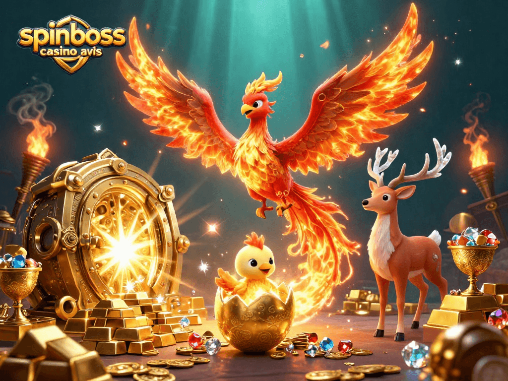 Analysez SpinBoss casino avis avec une illustration dynamique et colorée de la scène de casino