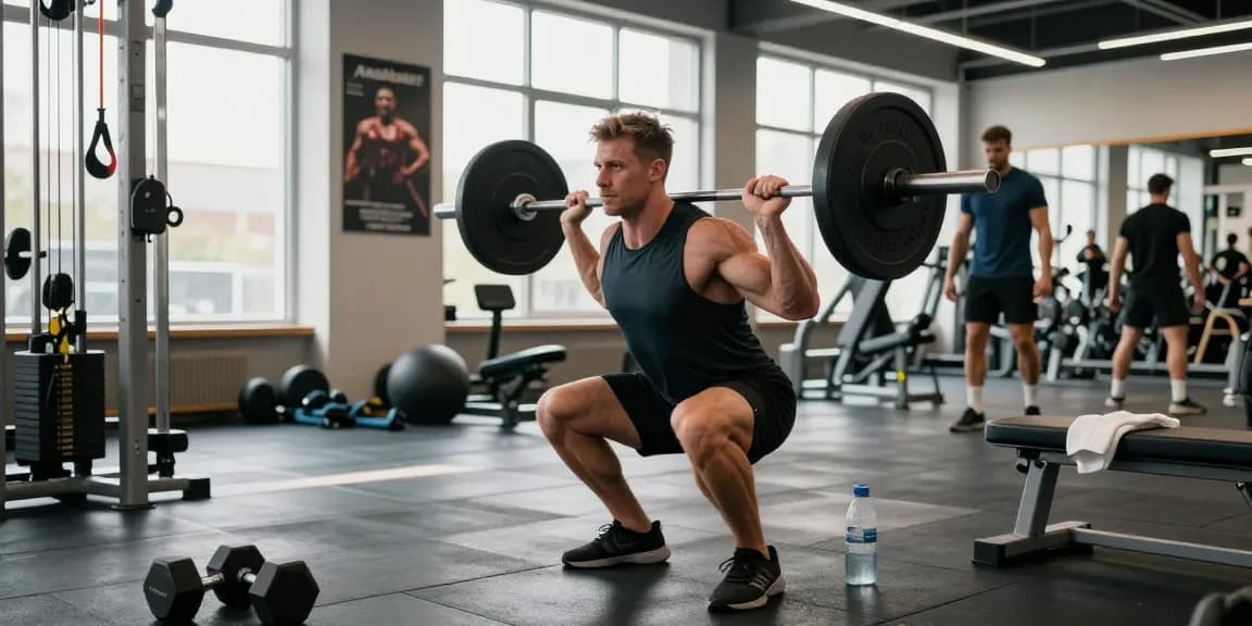 Kraftsportler führt Langhantelkniebeugen in einem modernen Fitnessstudio aus, was den Fokus von Anabolika Shop Deutschland auf Muskelwachstum und Fitness darstellt.