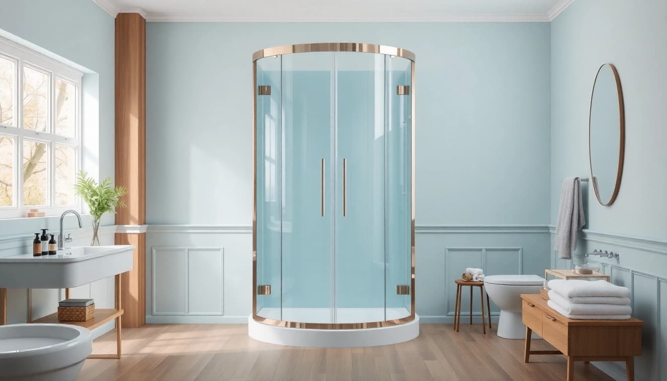 Dusche 100x100 in modernem Badezimmer mit eleganten Beleuchtung und stilvollen Accessoires.