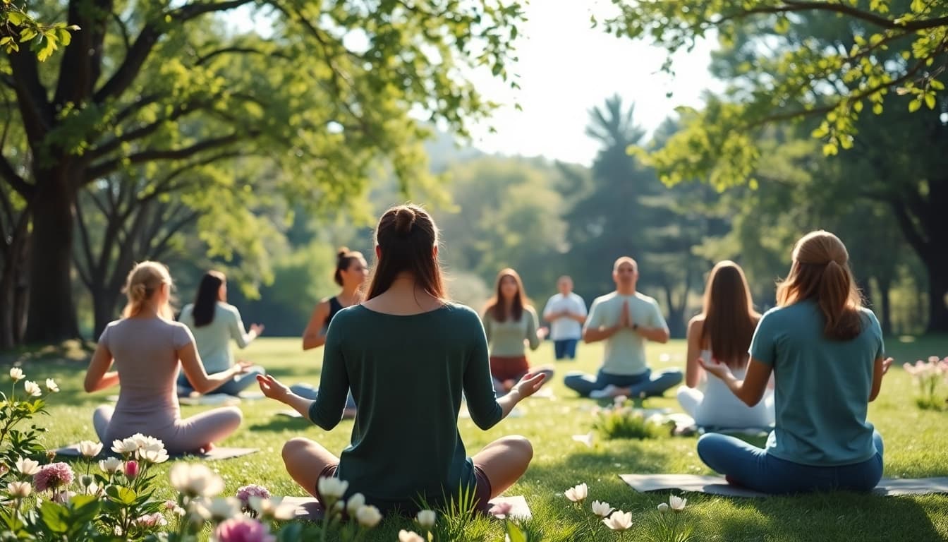 Promoting emotional wellbeing through meditation practices in a tranquil park setting.