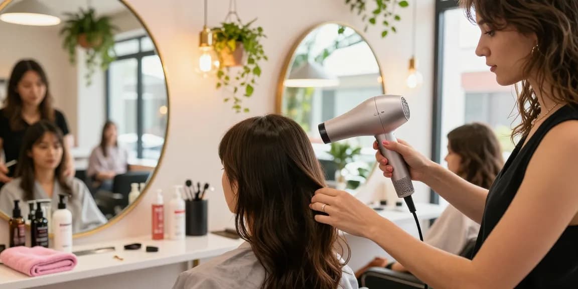 Client enjoying a mini blow dryer treatment in a stylish beauty salon, highlighting trendy decor.