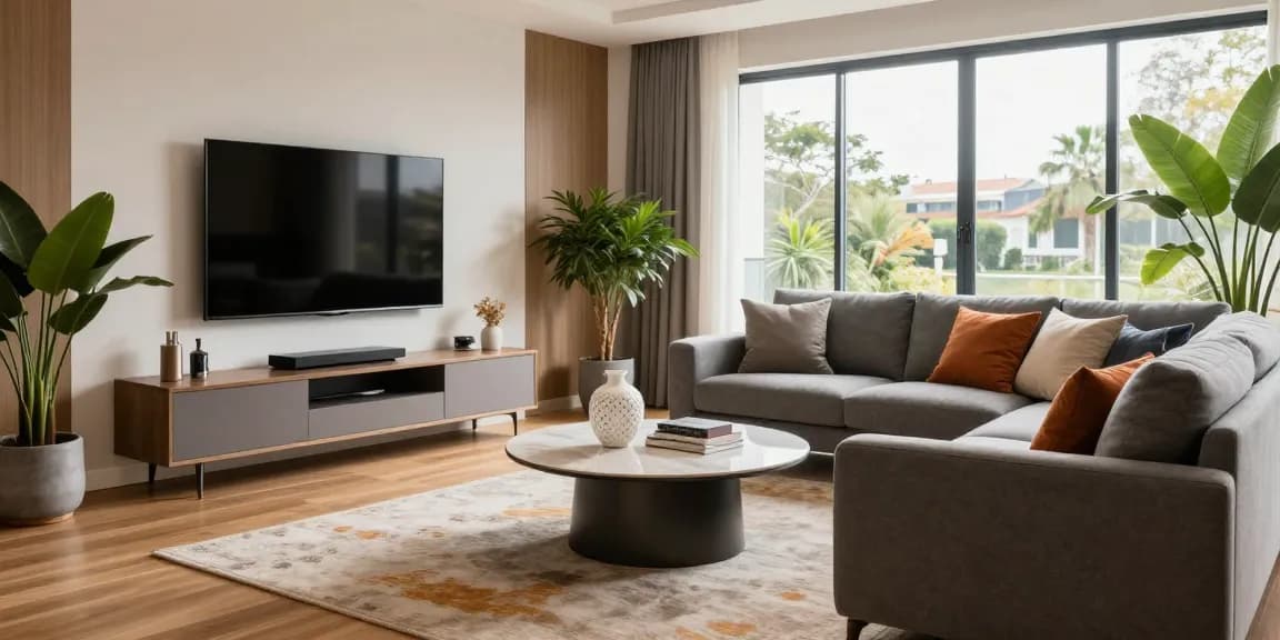 Schoenes Wohnzimmer mit stilvollem grauem Sofa, perfekt für Möbel online bestellen, das modernes Design und eine gemütliche Atmosphäre zeigt.