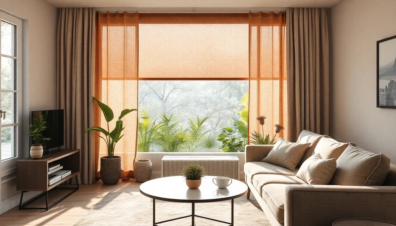 Plissee ohne Bohren in einem modernen Wohnzimmer, Nizza Licht und dekorative Einrichtung.