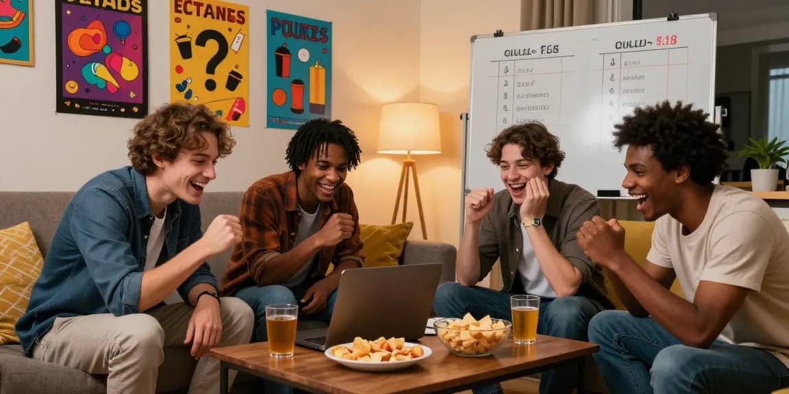 Quiz Allgemeinwissen: Eine Gruppe von Freunden, die an einem Laptop sitzen und ein unterhaltsames Online-Quiz spielen.