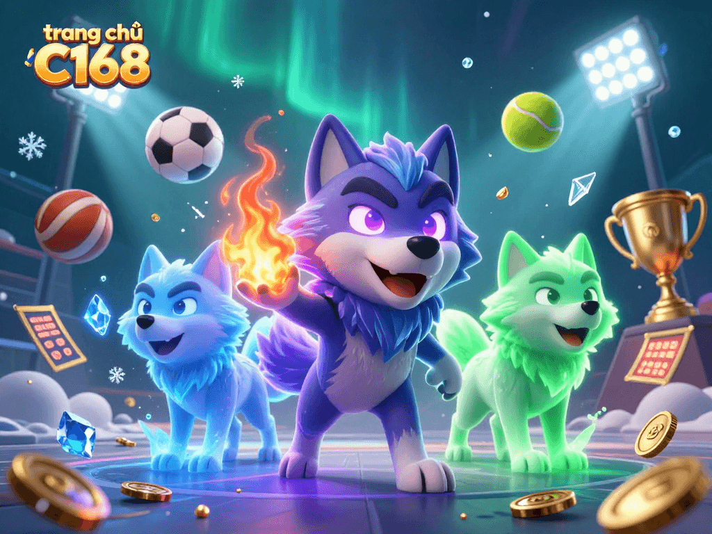 Engage with exciting sports betting on trang chủ C168 amidst dynamic ghostly wolves and vibrant game elements.