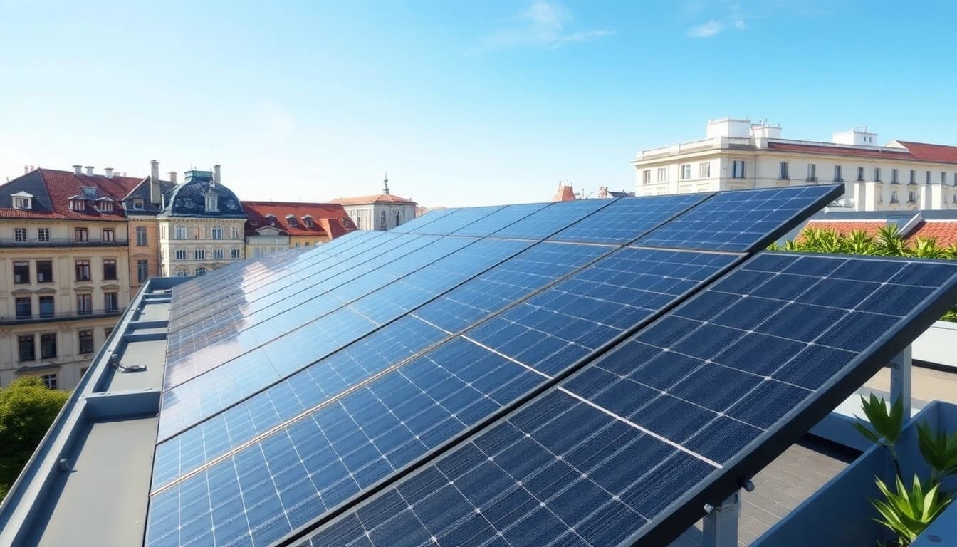 Photovoltaikanlage Kaufen Wien: Hochwertige Solaranlage auf modernem Wiener Dach präsentiert