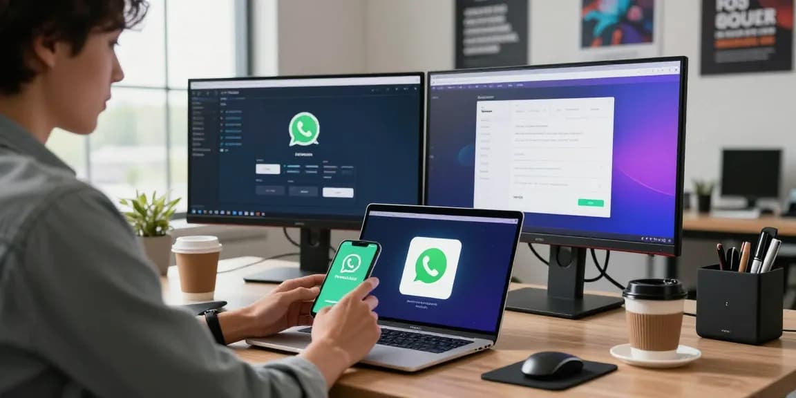 Person downloading FM WhatsApp download on laptop in modern tech workspace