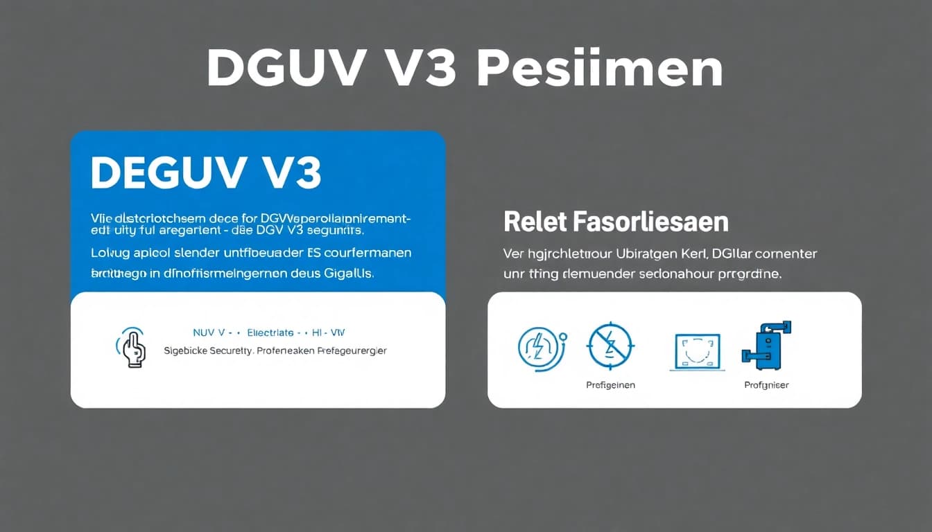 Informative Grafik zur DGUV V3 Prüfung, die wichtige Sicherheitsaspekte und Prüfgeräte darstellt.