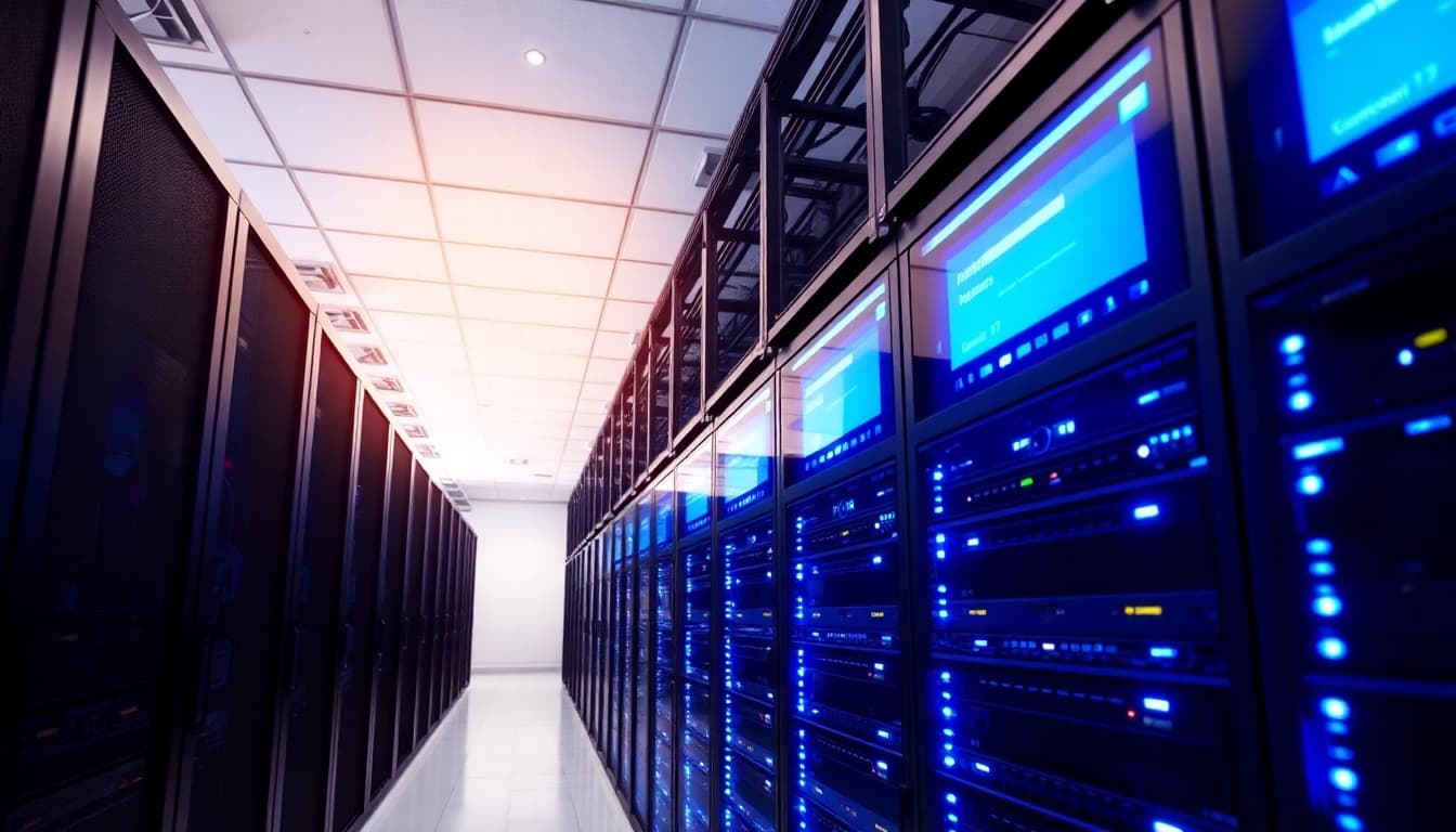 Visualisieren Sie die Windows Server 2025 Standard Lizenz in einem modernen Rechenzentrum mit organisierten Server-Racks.
