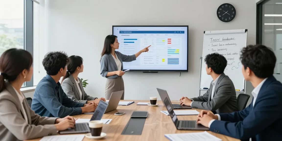Besprechung zu toxischem Chef in modernem Büro mit Teams, Leadership-Feedback und Evaluierungsinstrumenten.