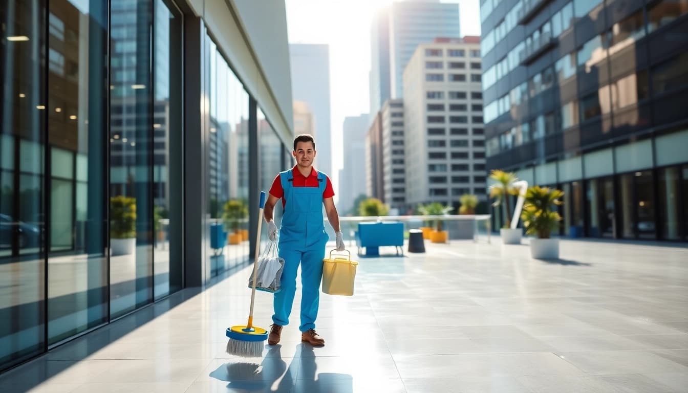 Professionelle Gebäudereinigung Ulm mit glänzenden Fenstern und einem aufgeräumten Arbeitsplatz.