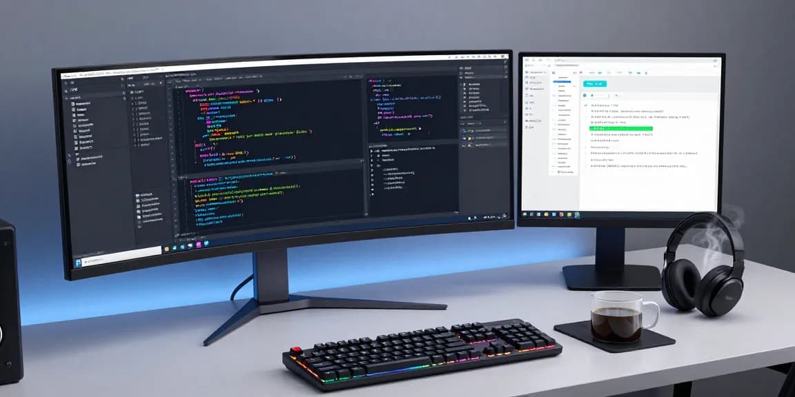 Handytarife comparison in a sleek tech workspace with software development tools, highlighting advanced technology.