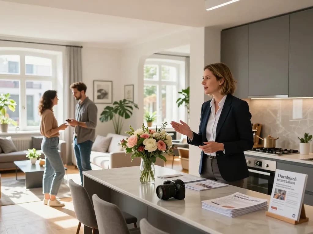 Immobilienmakler Frankfurt Ginnheim präsentiert ein modernes Open House mit professioneller Dekoration und interessierten Käufern, die den Raum erkunden.