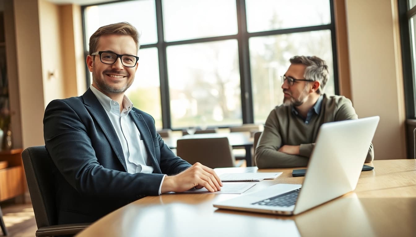 Headhunter Gastronomie im Gespräch mit einem Restaurantbesitzer in einem elegantem Büro.
