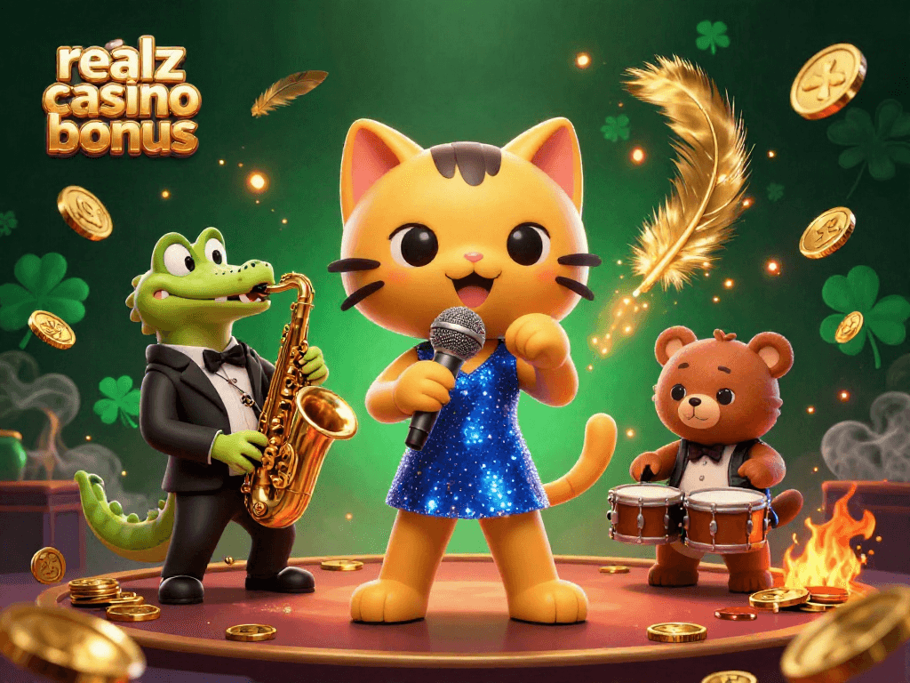 Spiele mit dem Realz Casino Bonus in einem lebhaften Casino-Ambiente und genieße den Auftritt einer jazz-singenden Katze.