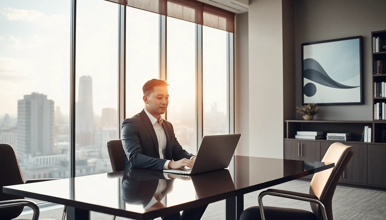 Headhunter führt ein Gespräch im modernen Büro mit einem Kandidaten, während er auf den Laptop schaut.