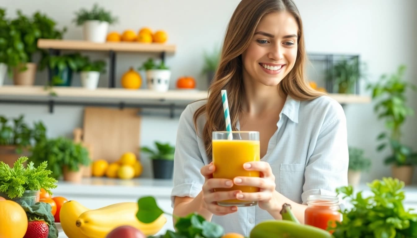 Hilma biocare Produkte in einer hellen Küche zur Zubereitung gesunder Smoothies präsentieren.