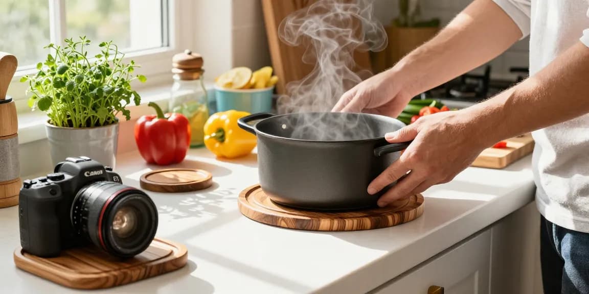 Elegante Topfuntersetzer aus Holz in einer warmen Küche mit frischen Zutaten.
