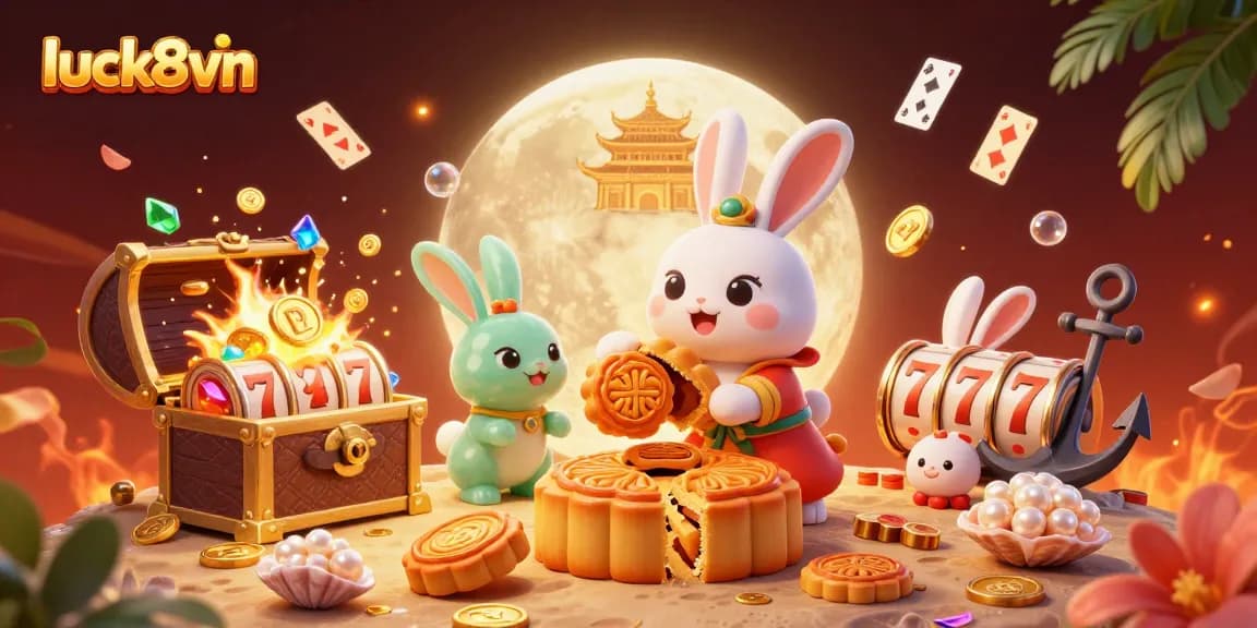 Experience luck8vn as the moon rabbit and jade companion explore a vibrant casino realm filled with treasures and poker chips.