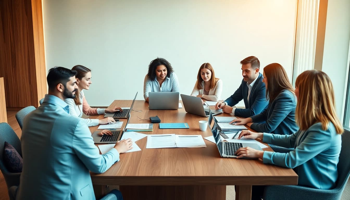 Visualize professionals engaged in Personalvermittlung strategies, collaborating in a modern office setting.