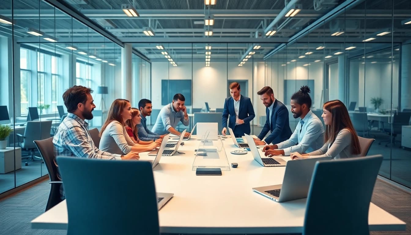 Verbessern Sie Ihre Geschaeftsablaeufe mit SAP ERP durch Teamarbeit in einem modernen Buero.