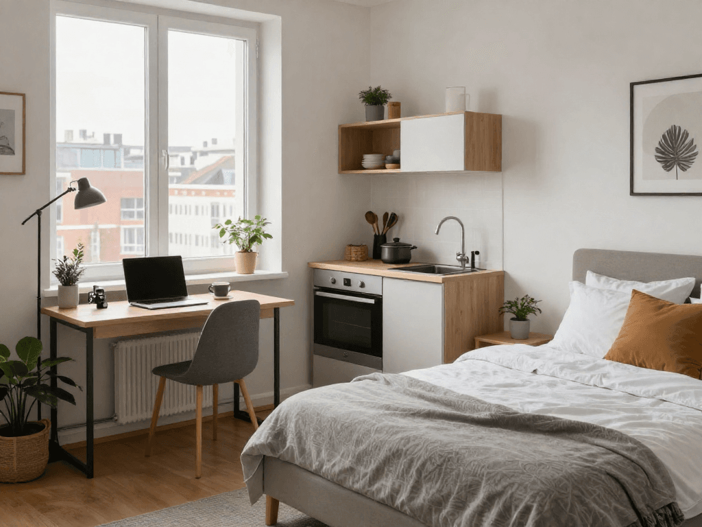 Gemütliches Monteurzimmer in Hannover mit modernem Dekor und kompletter Ausstattung für Reisende.