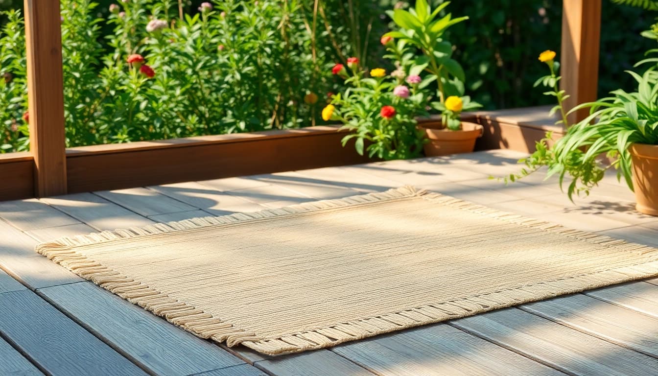 Hanfmatte auf einem Holzdeck im Garten mit natürlichen Farben und sanften Schatten.
