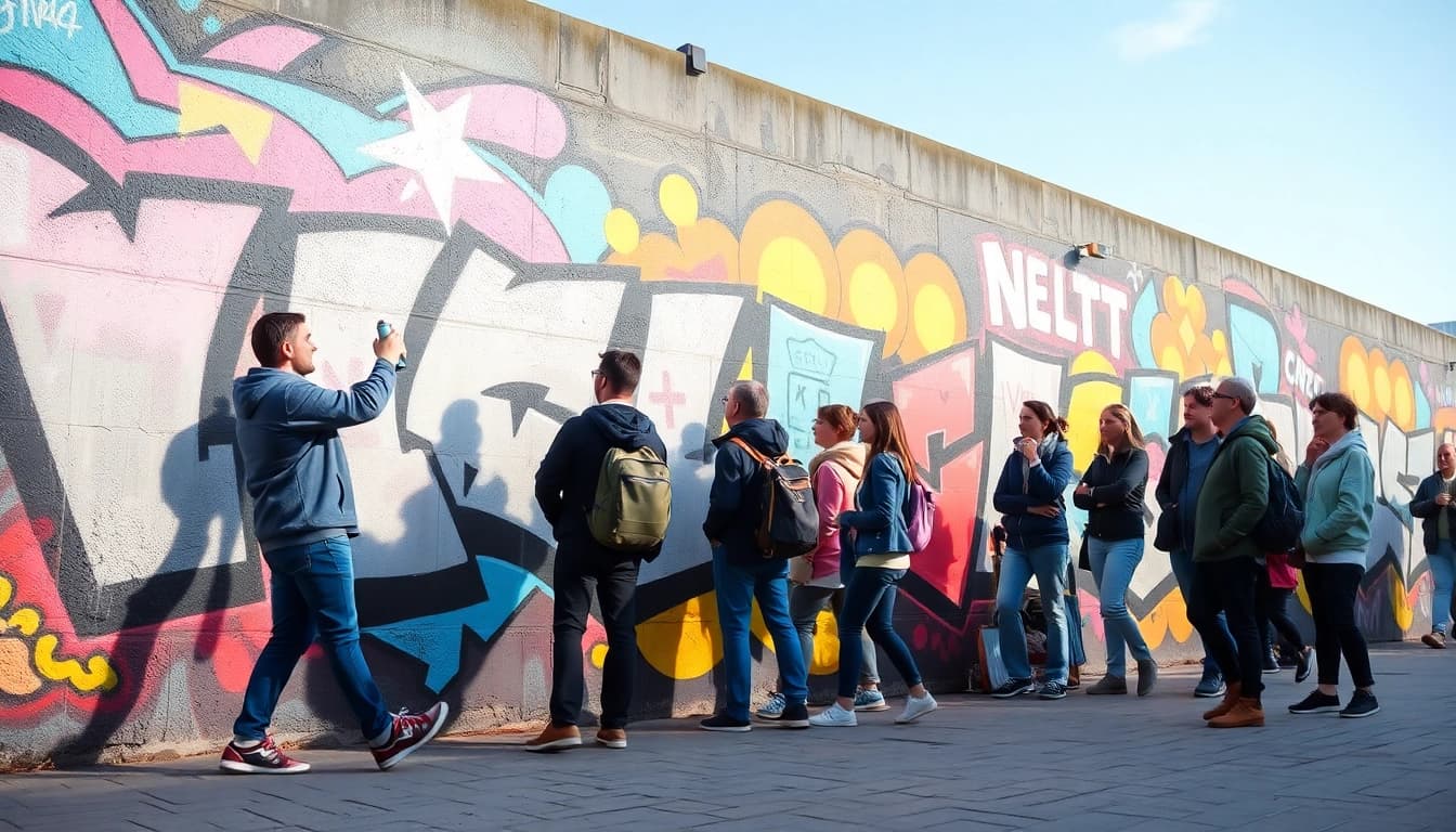 Entdecken Sie die kreative Vielfalt von Graffiti Köln mit einem beeindruckenden Wandbild, das die Stadtleben darstellt.