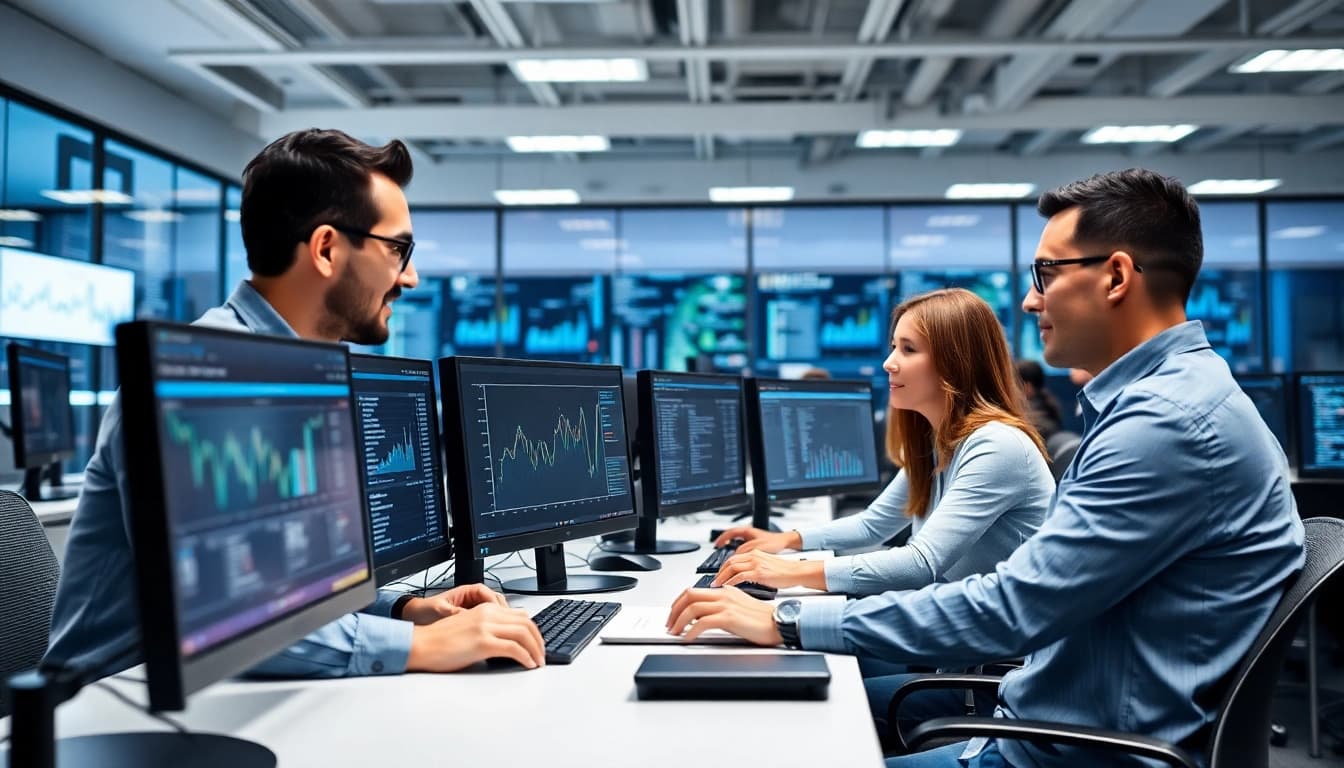 IT Dienstleister team analyzing data in a modern office environment.