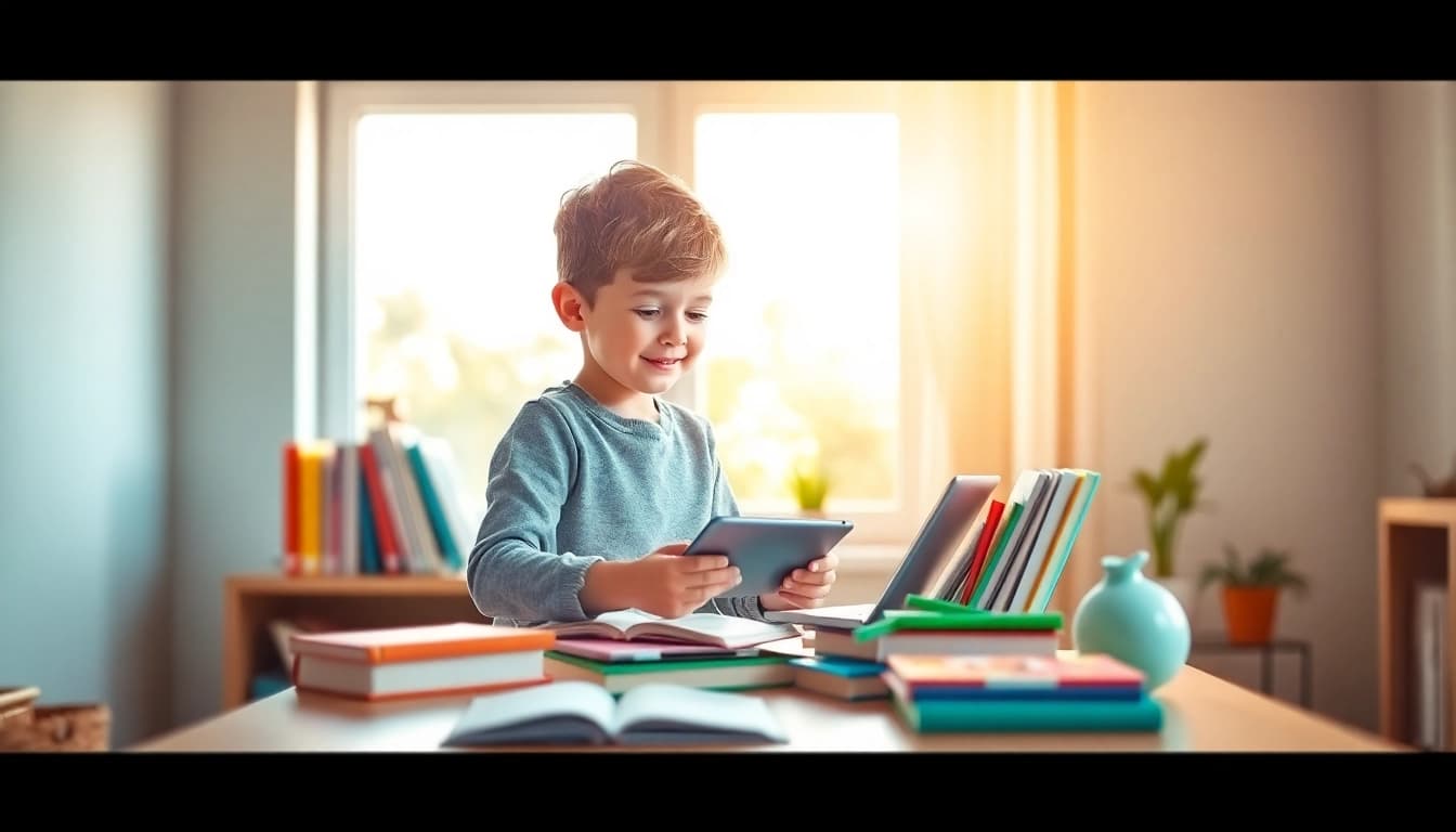 Ein Kind im Heimunterricht, das konzentriert an einem Tisch mit Büchern und Lernmaterialien arbeitet.