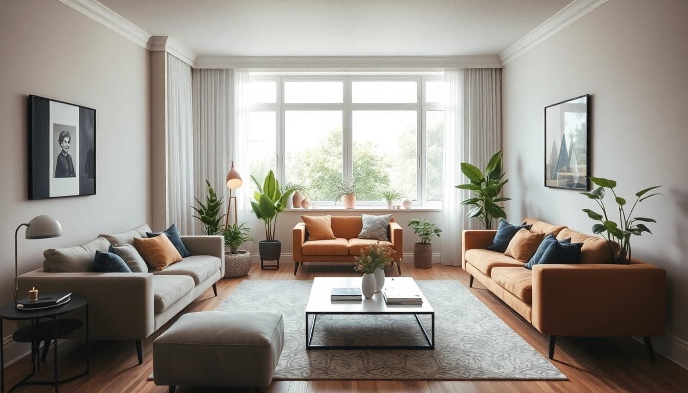 Die effektive Raumgestaltung eines stilvollen Wohnzimmers mit harmonischen Farben und Pflanzen.