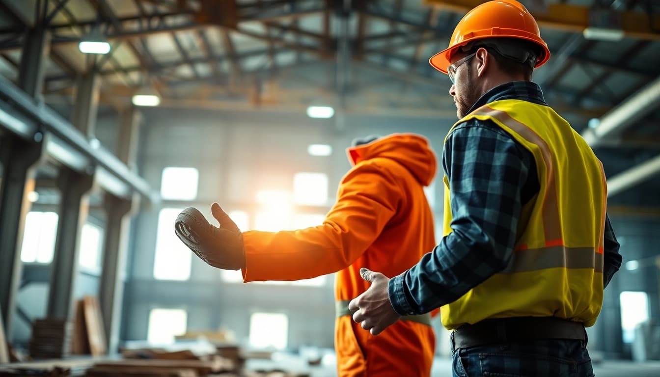Handwerker nutzt U-Power Sicherheitsschuhe in dynamischer Bauumgebung
