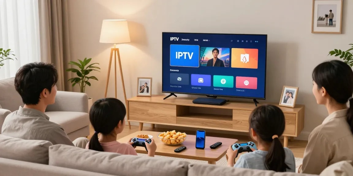 Familie genießt den IPTV Smart Player in einem gemütlichen Wohnzimmer.