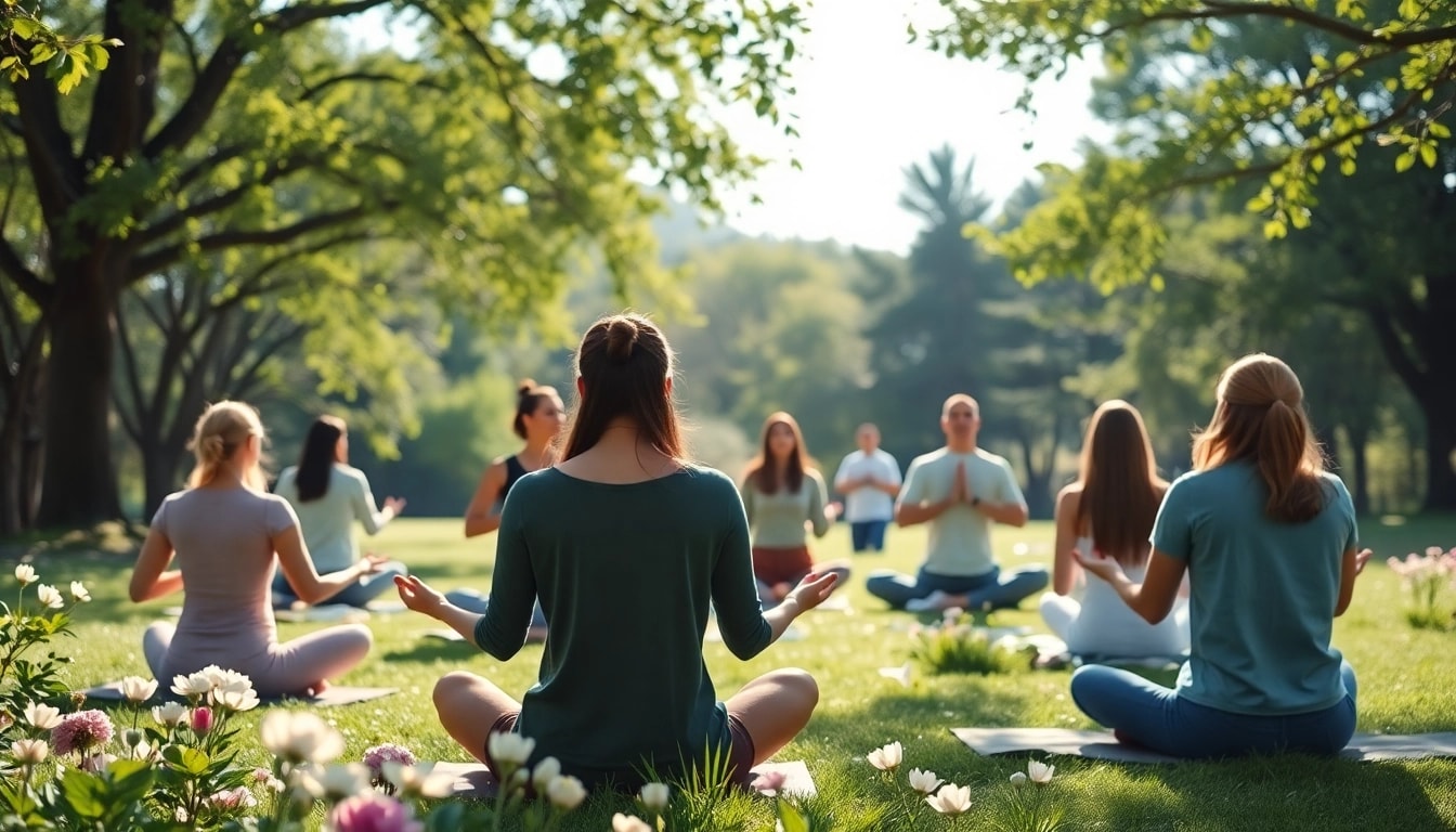 Promoting emotional wellbeing through meditation practices in a tranquil park setting.