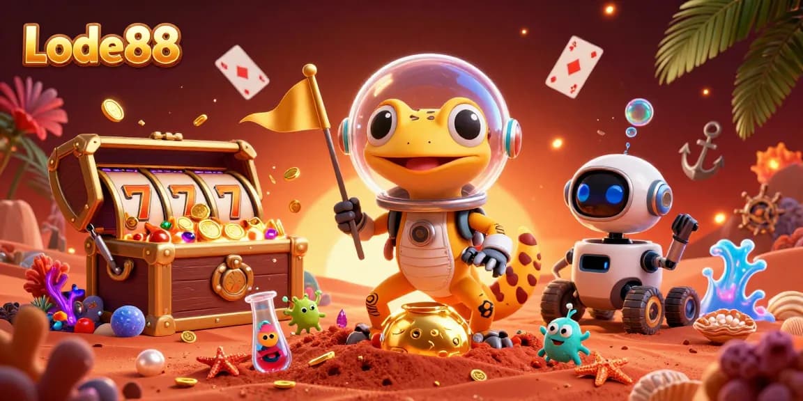 Lode88 Martian gecko and robot explore a buried casino, surrounded by exciting gaming elements.