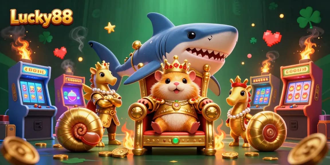 Spin the reels of Lucky88 as the golden hamster king presides over colorful arcade slots.