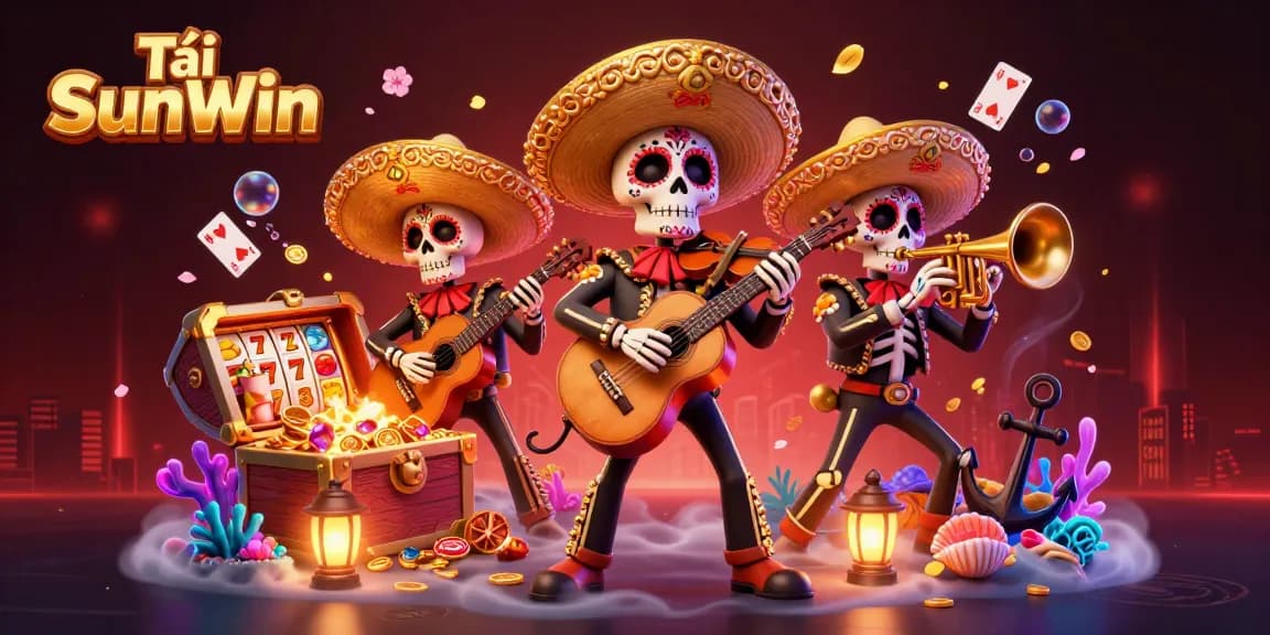 Tải SunWin offers thrilling gameplay with a vibrant mariachi band and slot reels amidst a magical casino scene.
