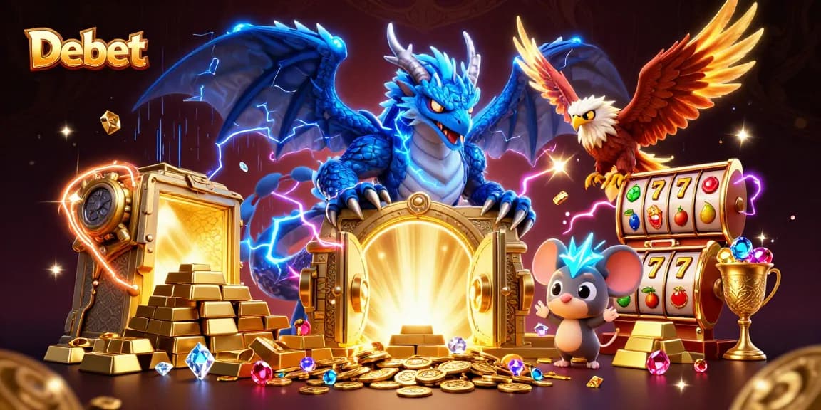 Engage with Debet's thrilling world of online gambling featuring dynamic slot game elements.