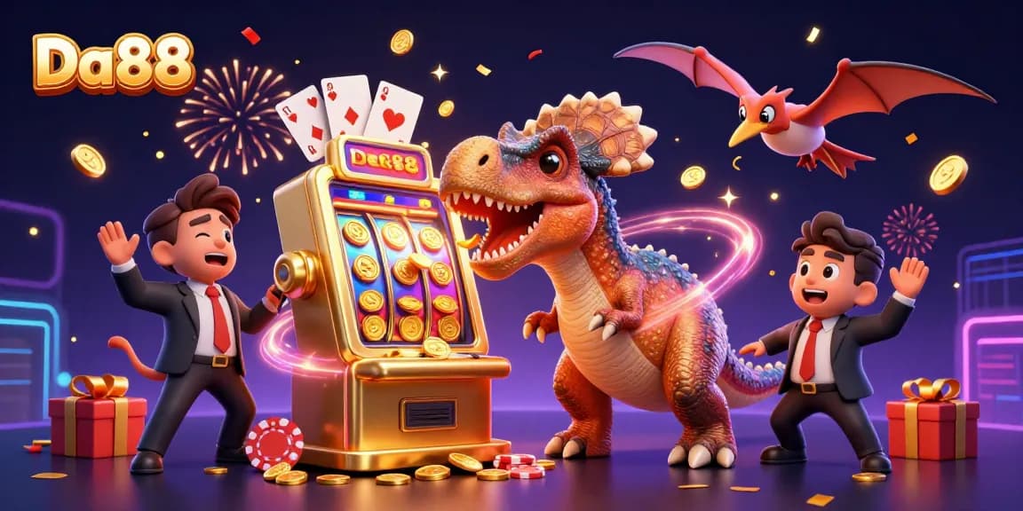 Da88 jackpots through fun cartoon dinosaurs engaging in a lively casino scene