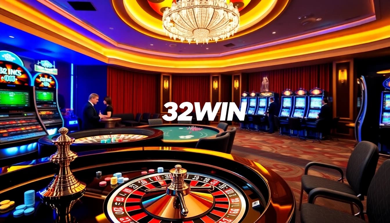 Players engaging at the 32WIN poker table, surrounded by vibrant casino excitement.