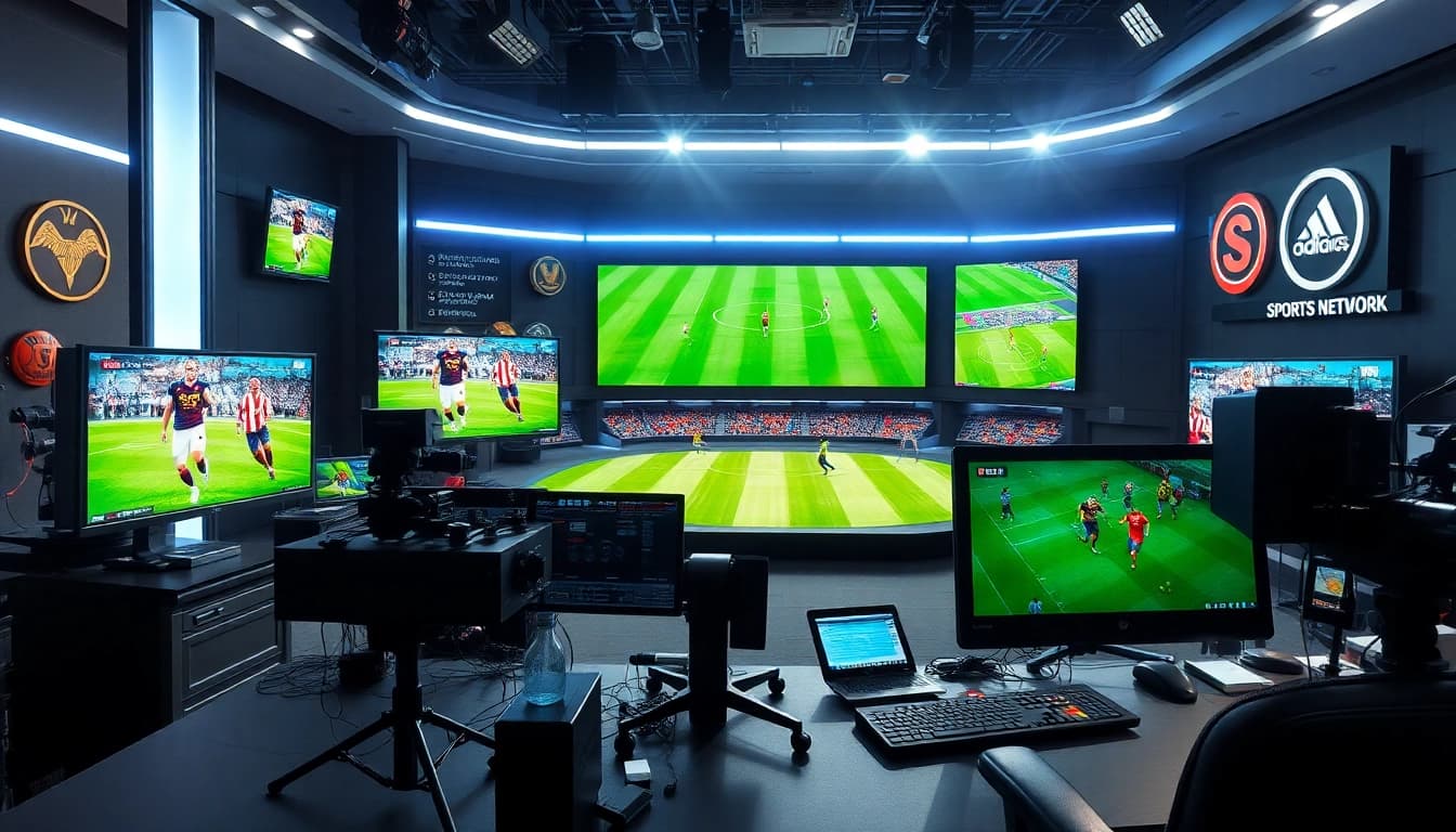 Captivating scene of Sports Broadcasting studio showcasing advanced technology during a live event.