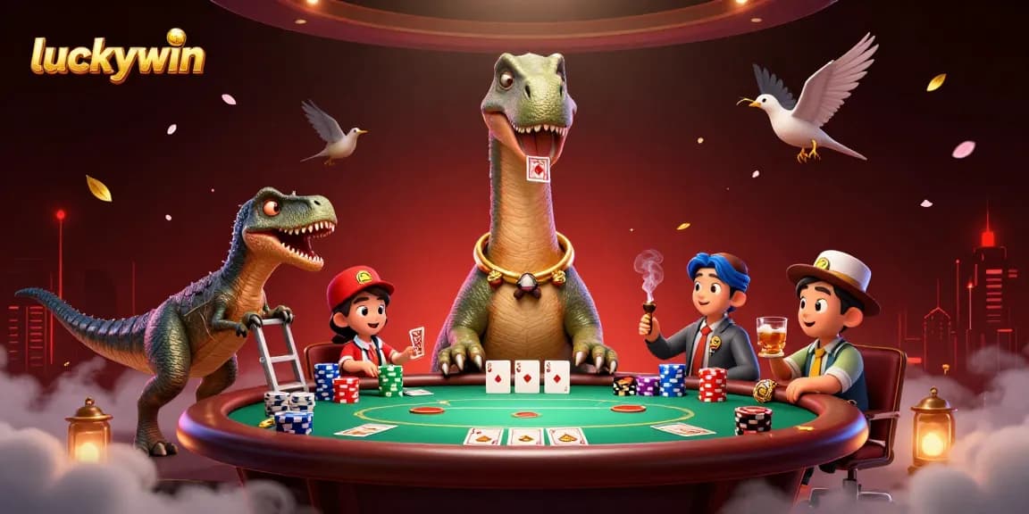 Enjoy thrilling poker action at luckywin with a brontosaurus and raptor dealer in a vibrant casino