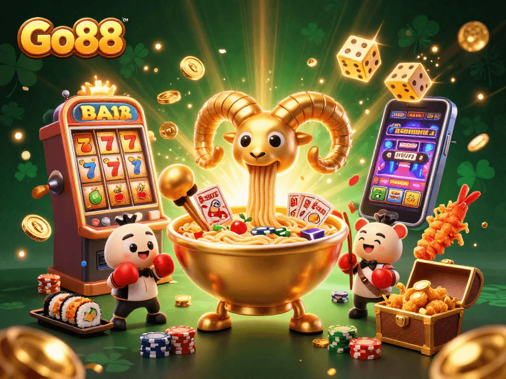Join the fun at Go88 with a vibrant 3D casino scene featuring exciting games and characters.