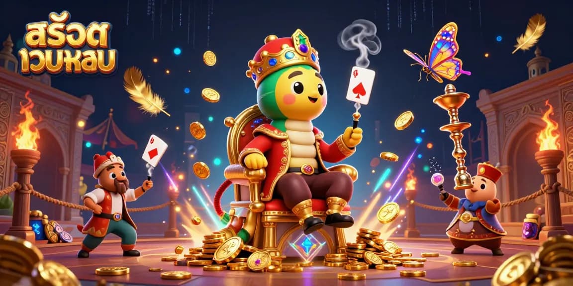 Play สล็อตเว็บตรง with a vibrant 3D illustration of a magical casino scene featuring unique characters and elements.
