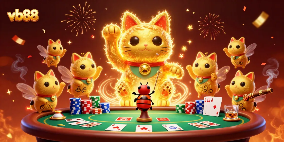 Experience the thrill of vb88 with vibrant 3D casino art featuring a lucky cat and poker elements.