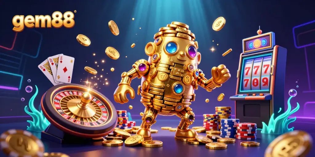 Experience the exciting world of gem88 with a vibrant 3D illustration showcasing a golden golem and casino elements.
