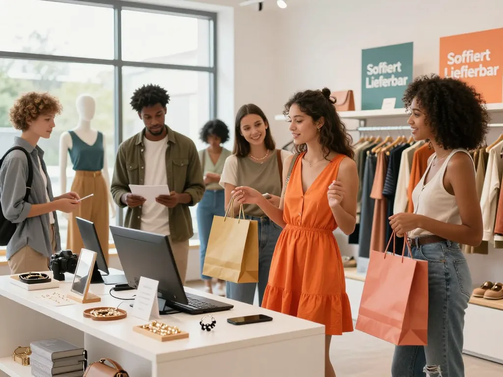 Gruppe von Freunden, die Mode einkaufen und 'Sofort Lieferbar' Produkte in einem hellen Showroom präsentieren.