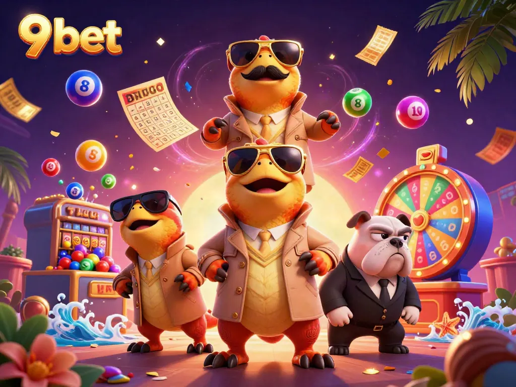 Experience the excitement of 9 bet in a vibrant casino illustrated with dynamic raptors and lottery elements.